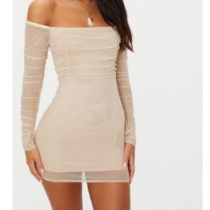 Stone Ruched Mesh Bodycon Dress